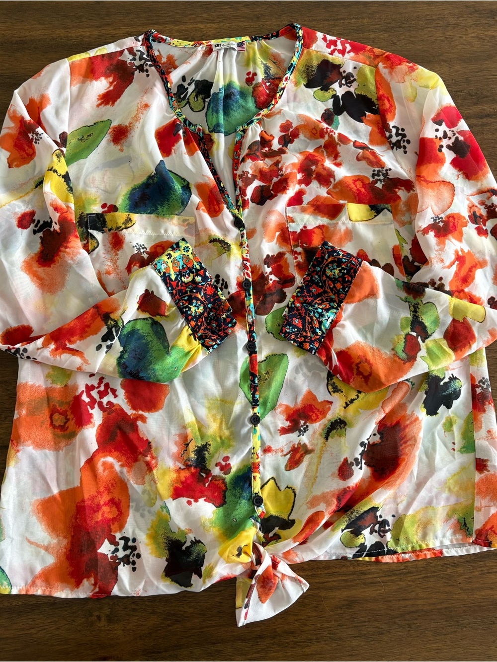 Vibrant Watercolor Floral Tie-Front Button Blouse